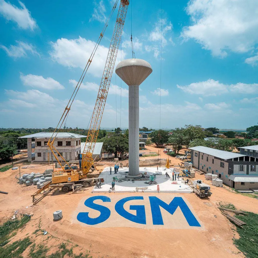 Construction d’un château d’eau avec le logo SGM au sol