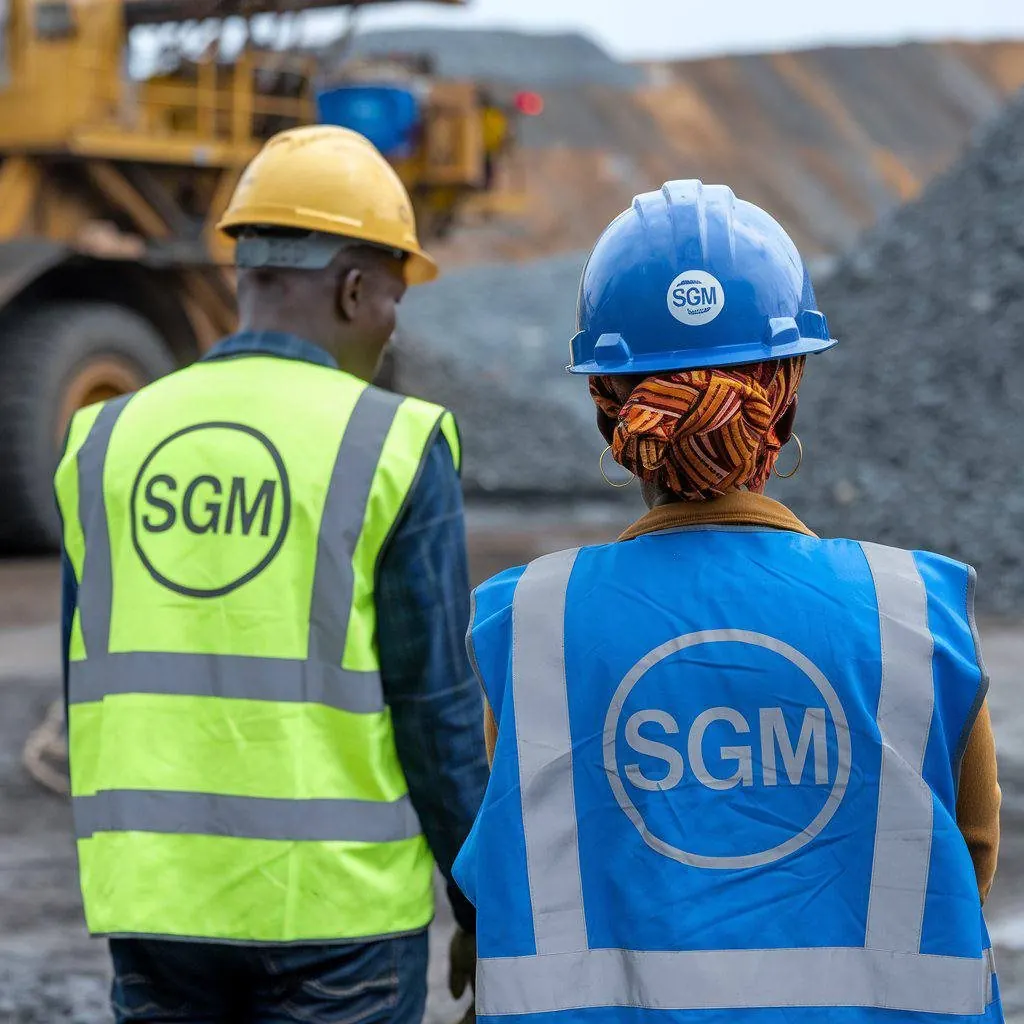 Agents SGM en gilets de sécurité sur un site minier