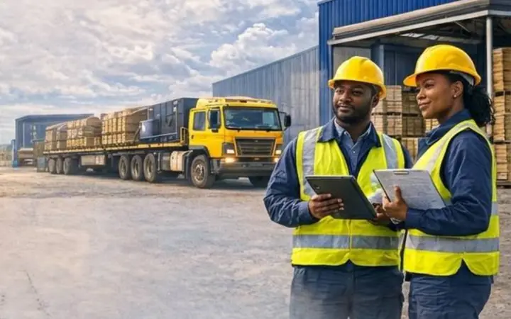Deux agents SGM devant un entrepôt et une file de camions chargés de matériel