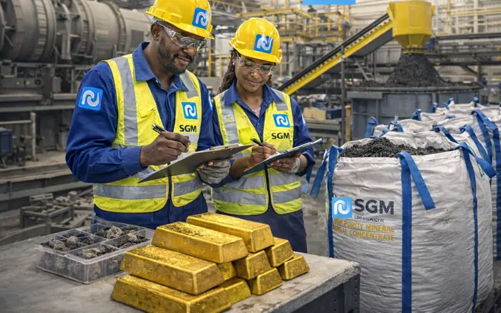 Agents SGM contrôlant des lingots d’or et des sacs de minerai conditionnés dans une usine