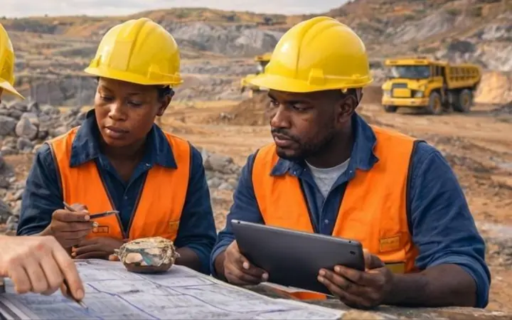 Ingénieurs SGM analysant des plans et une tablette sur une mine à ciel ouvert