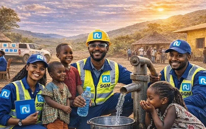 Agents SGM et enfants autour d’un point d’eau dans un village