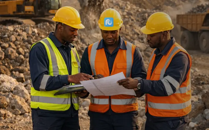 Trois techniciens SGM consultant des plans devant des engins sur un site d’exploitation minière