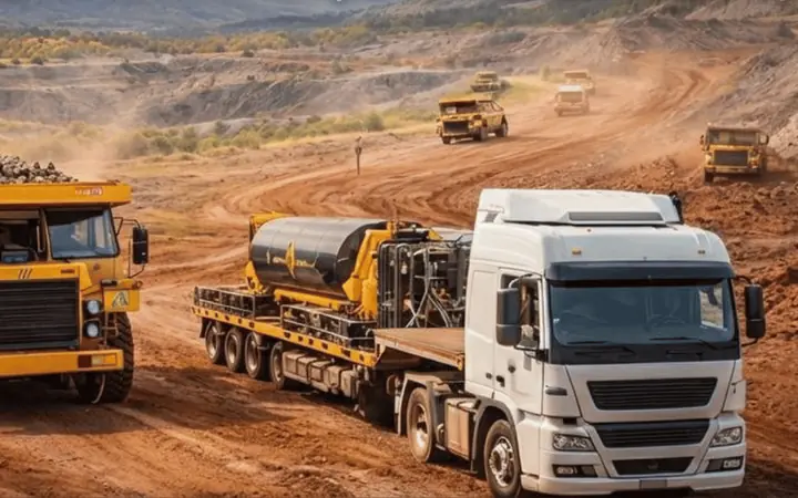 Tombereau et camion porte-engins sur une piste de latérite d’un site minier