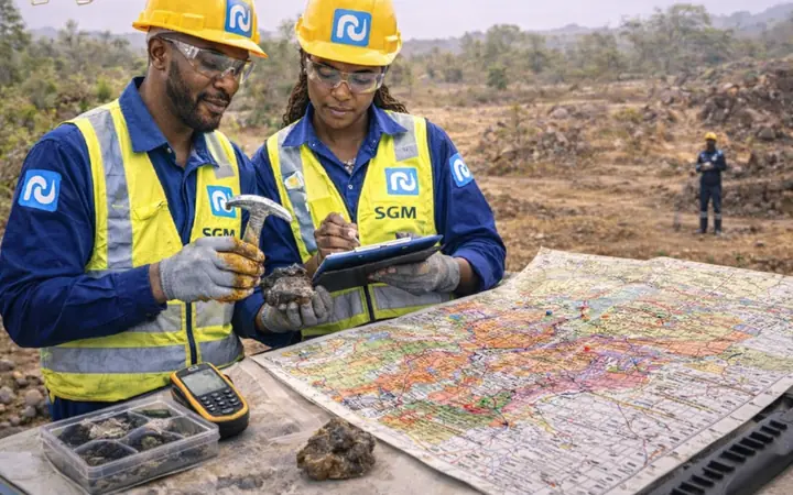 Géologues SGM examinant des échantillons de roche devant une carte géologique sur le terrain