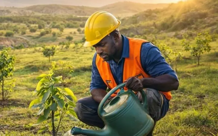 Technicien SGM arrosant un jeune arbre planté sur un ancien site minier