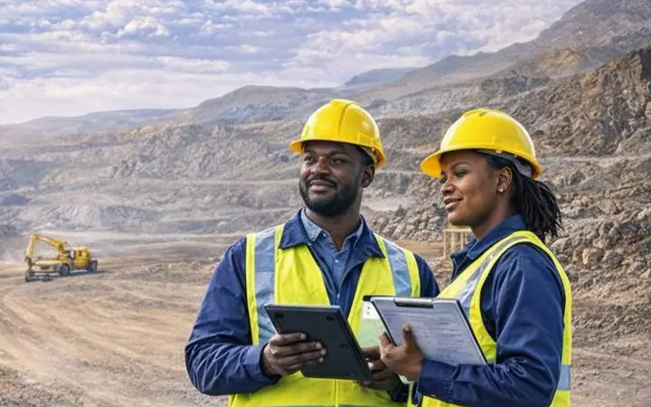 Deux responsables HSE de SGM avec tablette et carnet sur une mine à ciel ouvert