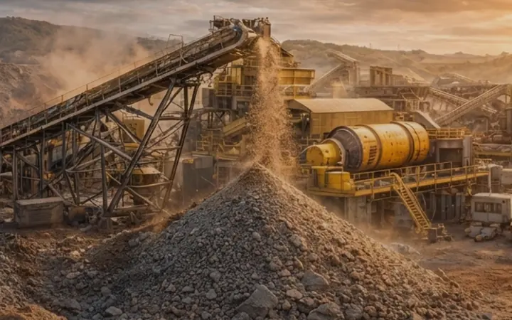 Installation de concassage et convoyeur de traitement du minerai sur un site minier